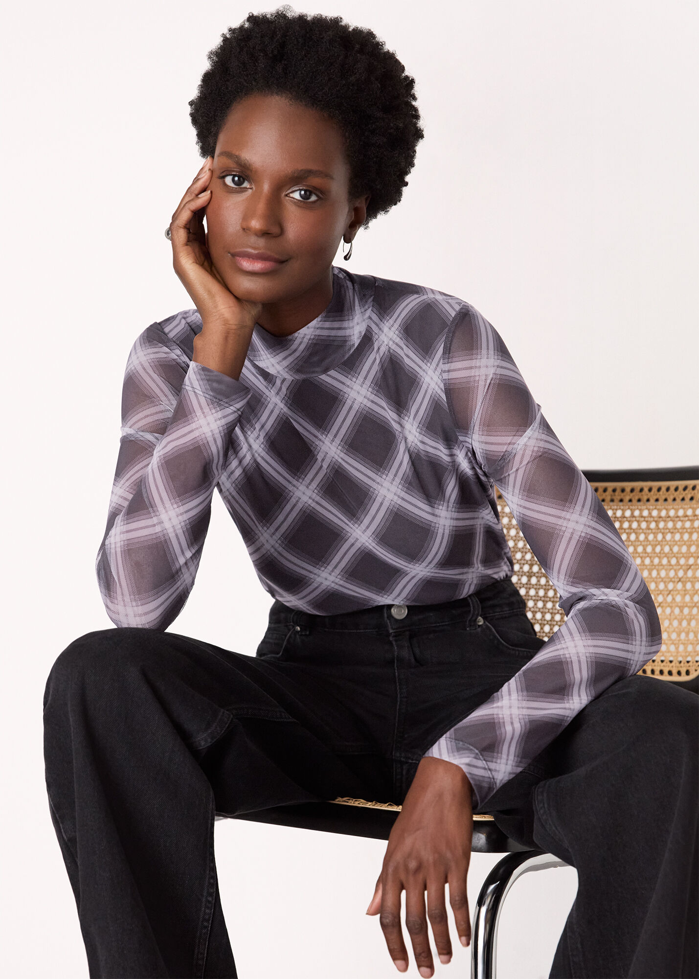 Burgundy/Multi Check Print Mesh Top | WHISTLES | Whistles US |