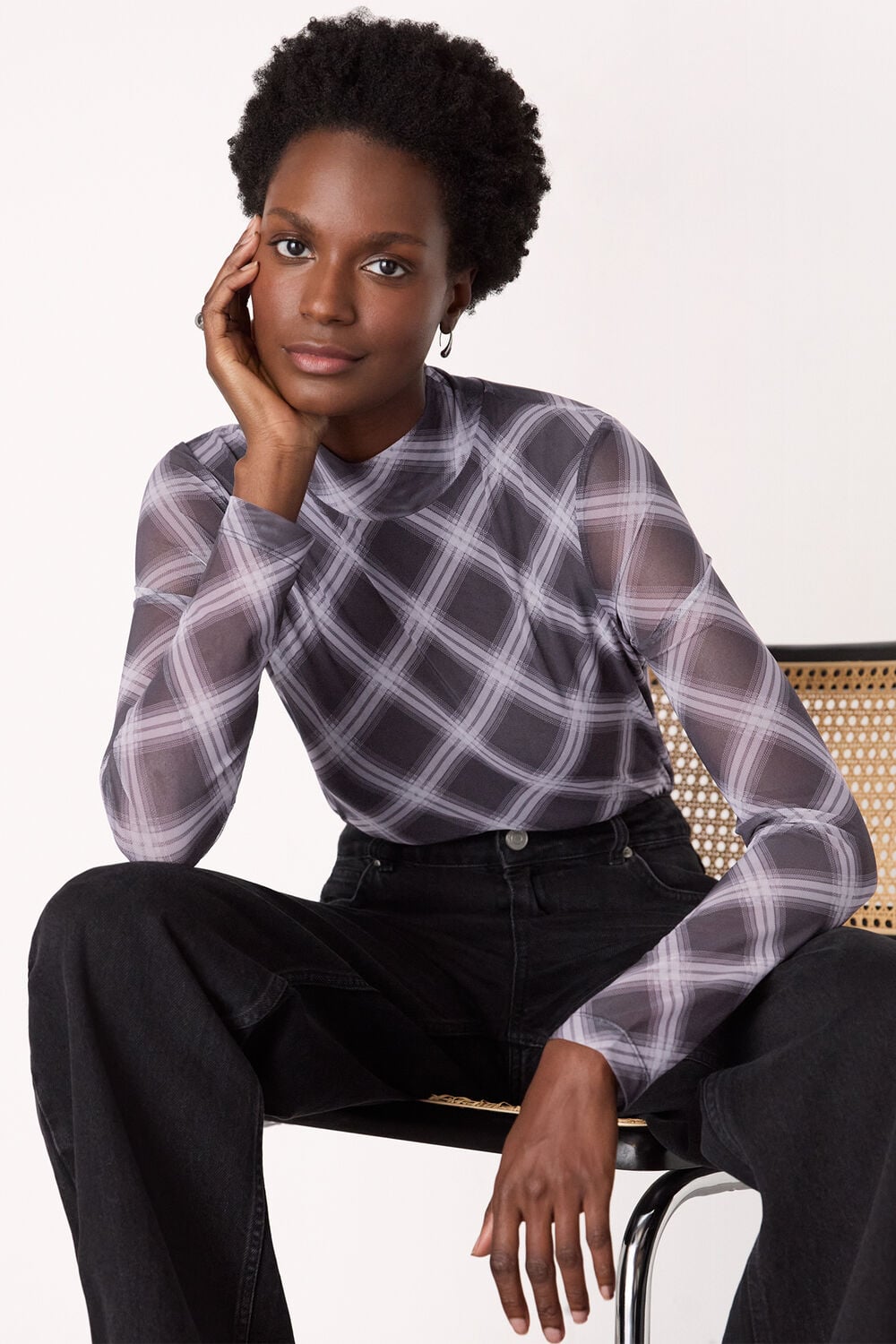 Burgundy Check Print Mesh Top