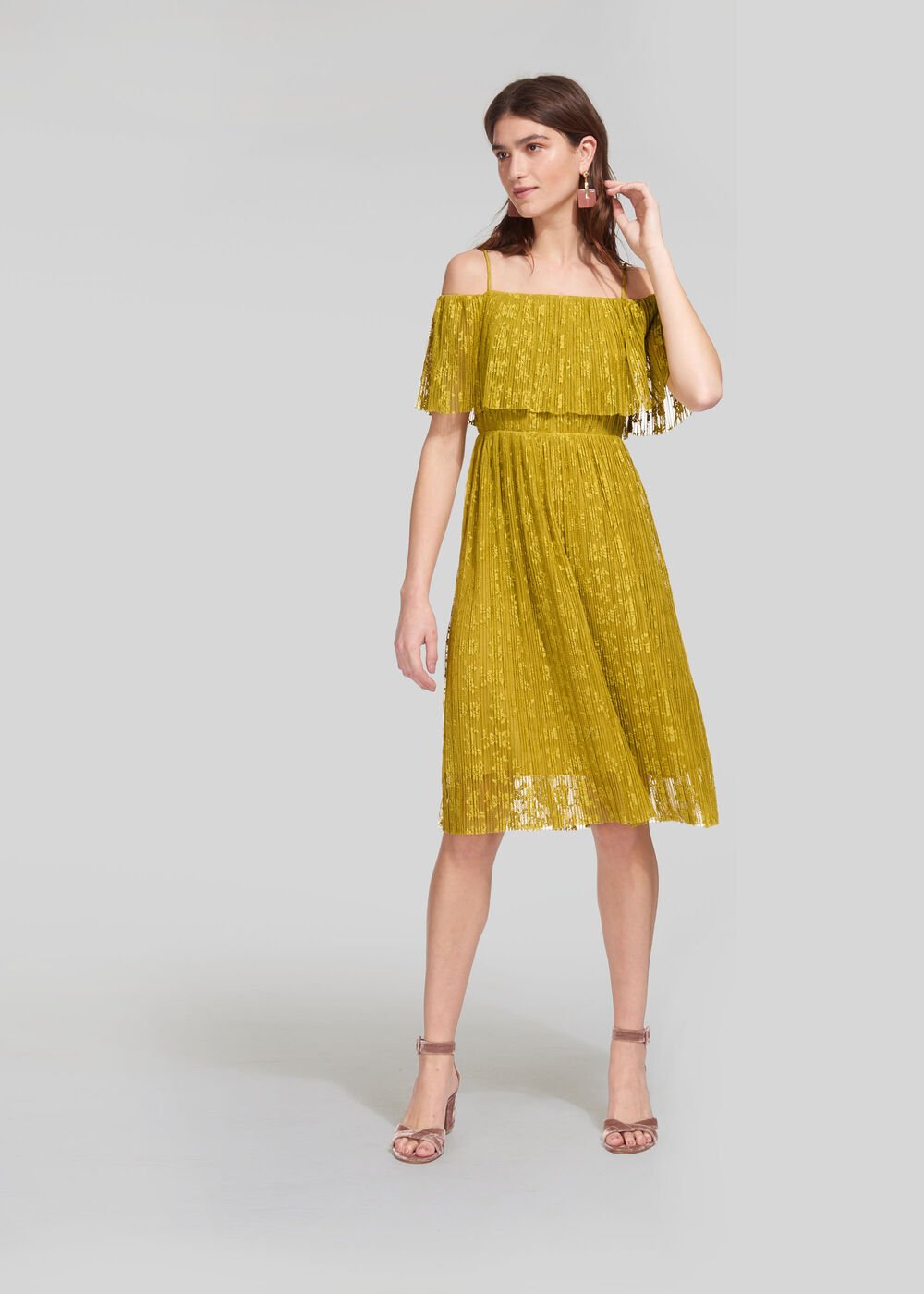 Off Shoulder Pleated Dress, Yellow WHISTLES Whistles US