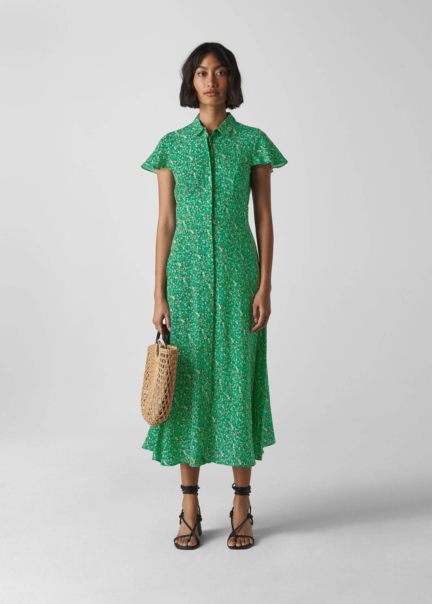 Green Ditsy Blossom Midi Shirt Dress | WHISTLES | Whistles US