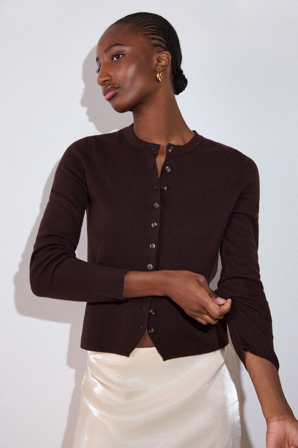 Chocolate Crew Neck Scarf Cardigan