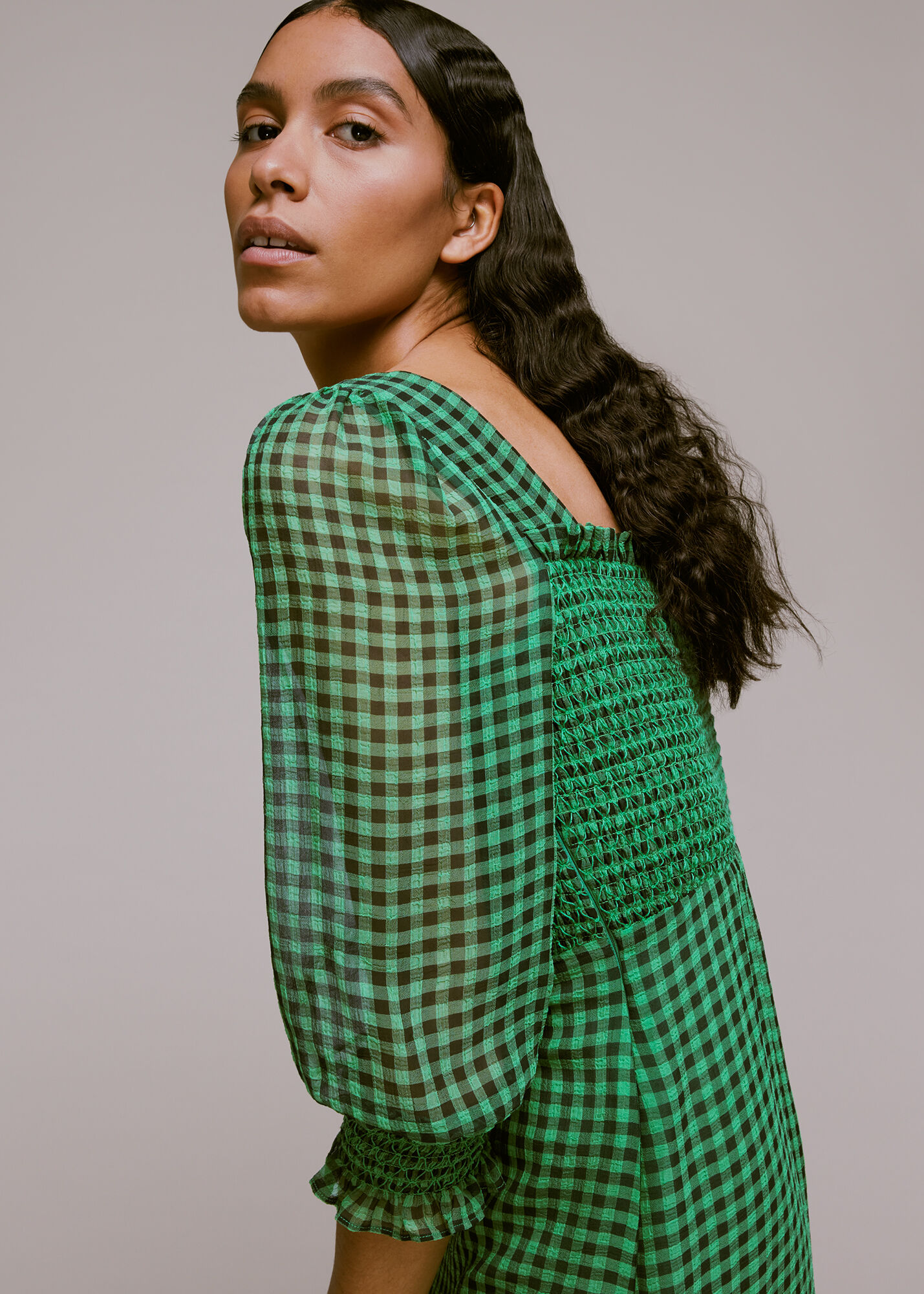 Green/Multi Lottie Gingham Shirred Dress WHISTLES