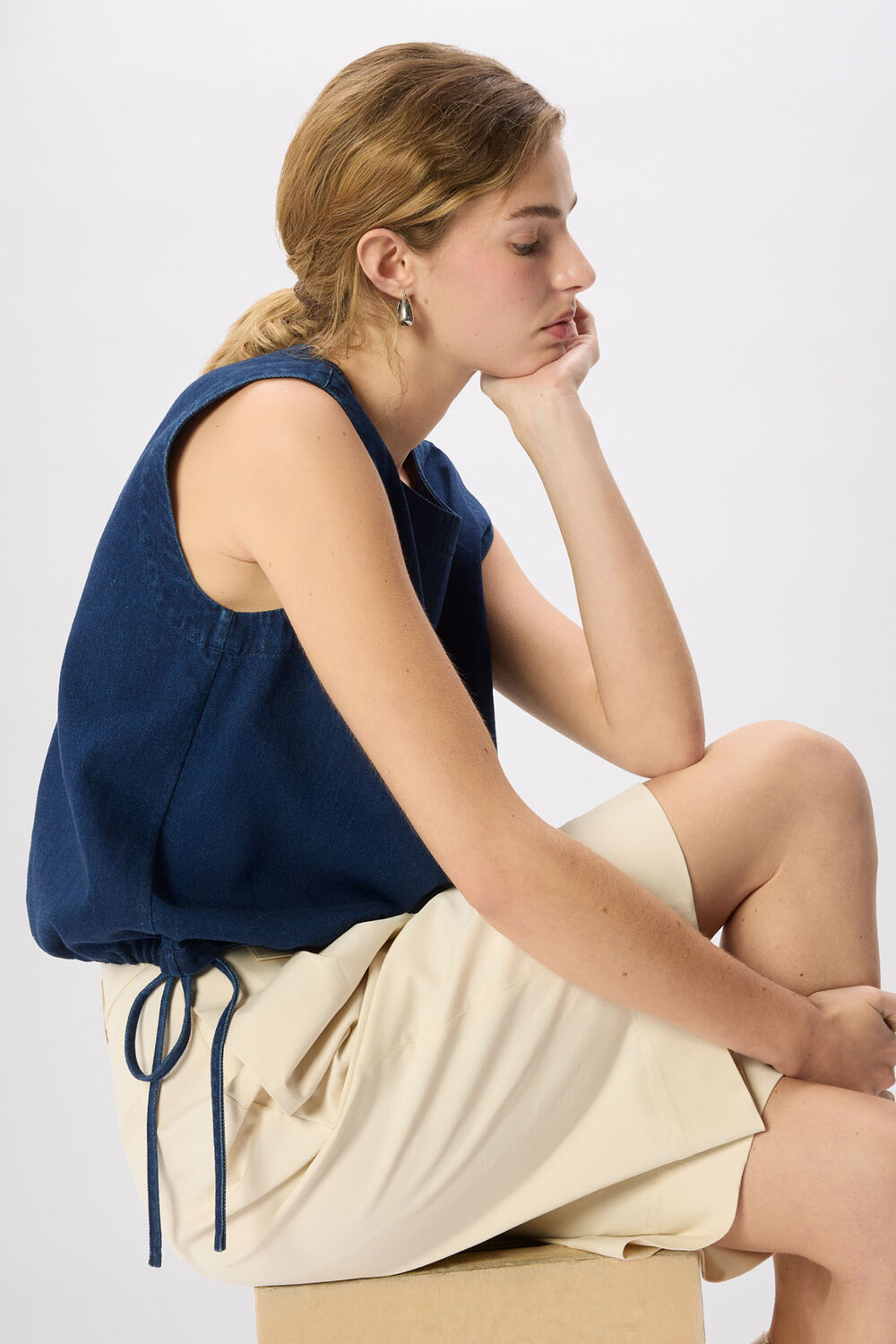 Dark Denim Drawstring Detail Cotton Top