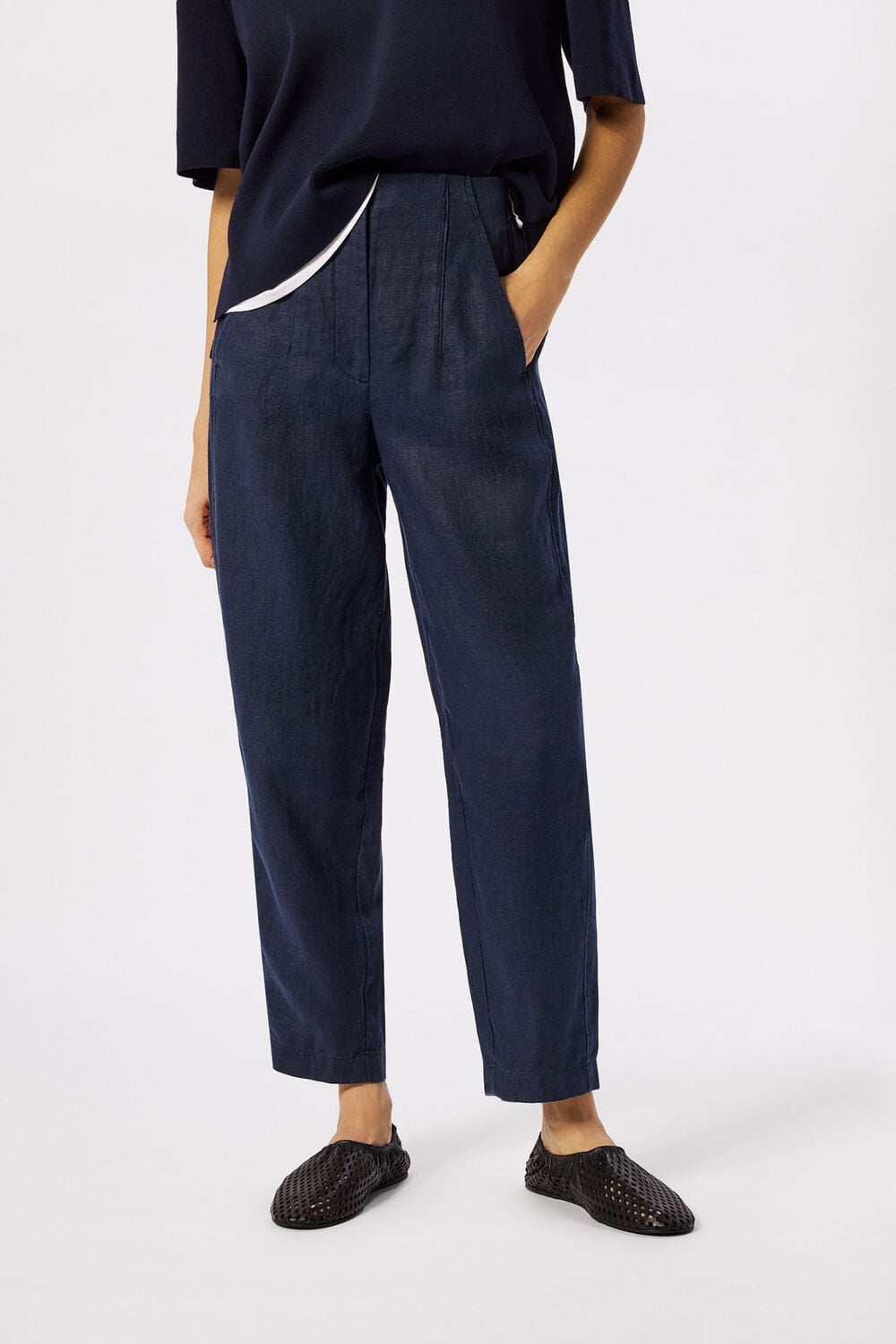 Navy Petite Linen Barrel Leg Trouser