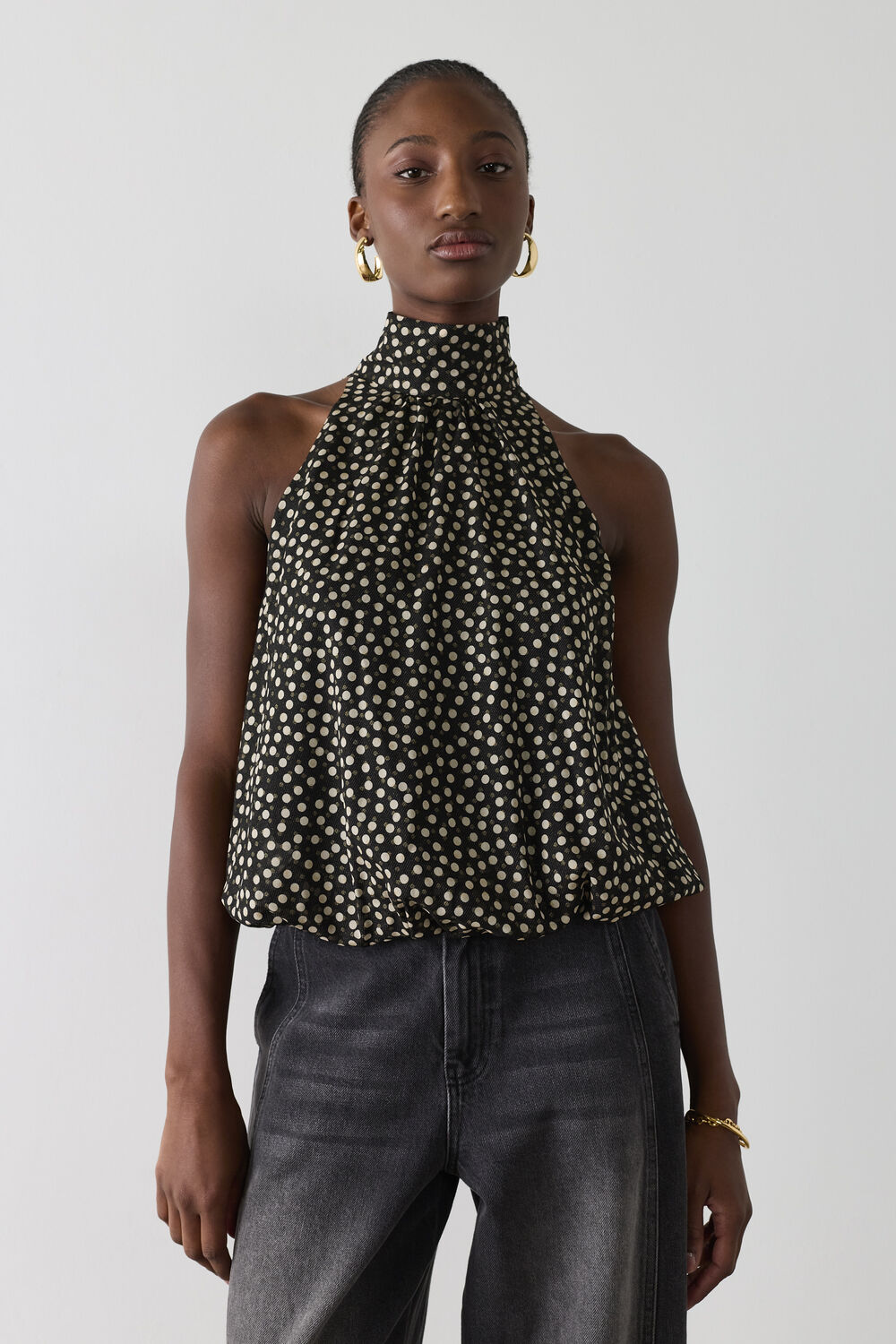 Gold Spot Bubble Hem Halter Top