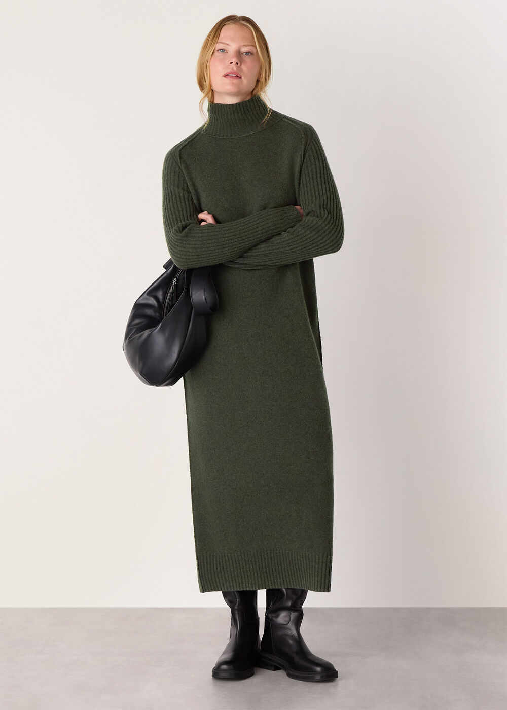 Funnel Neck Wool Midi Dress