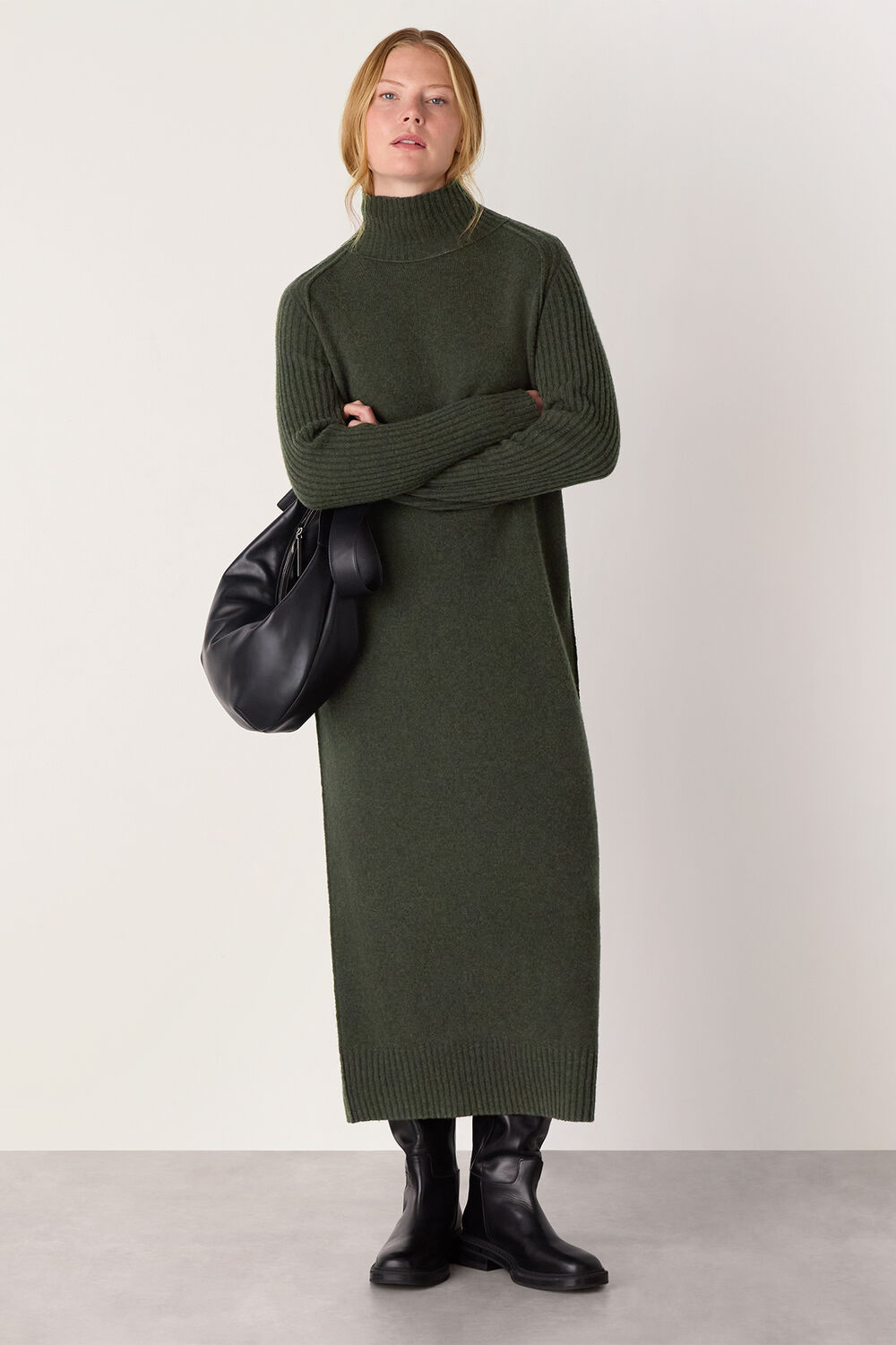 Funnel Neck Wool Midi Dress