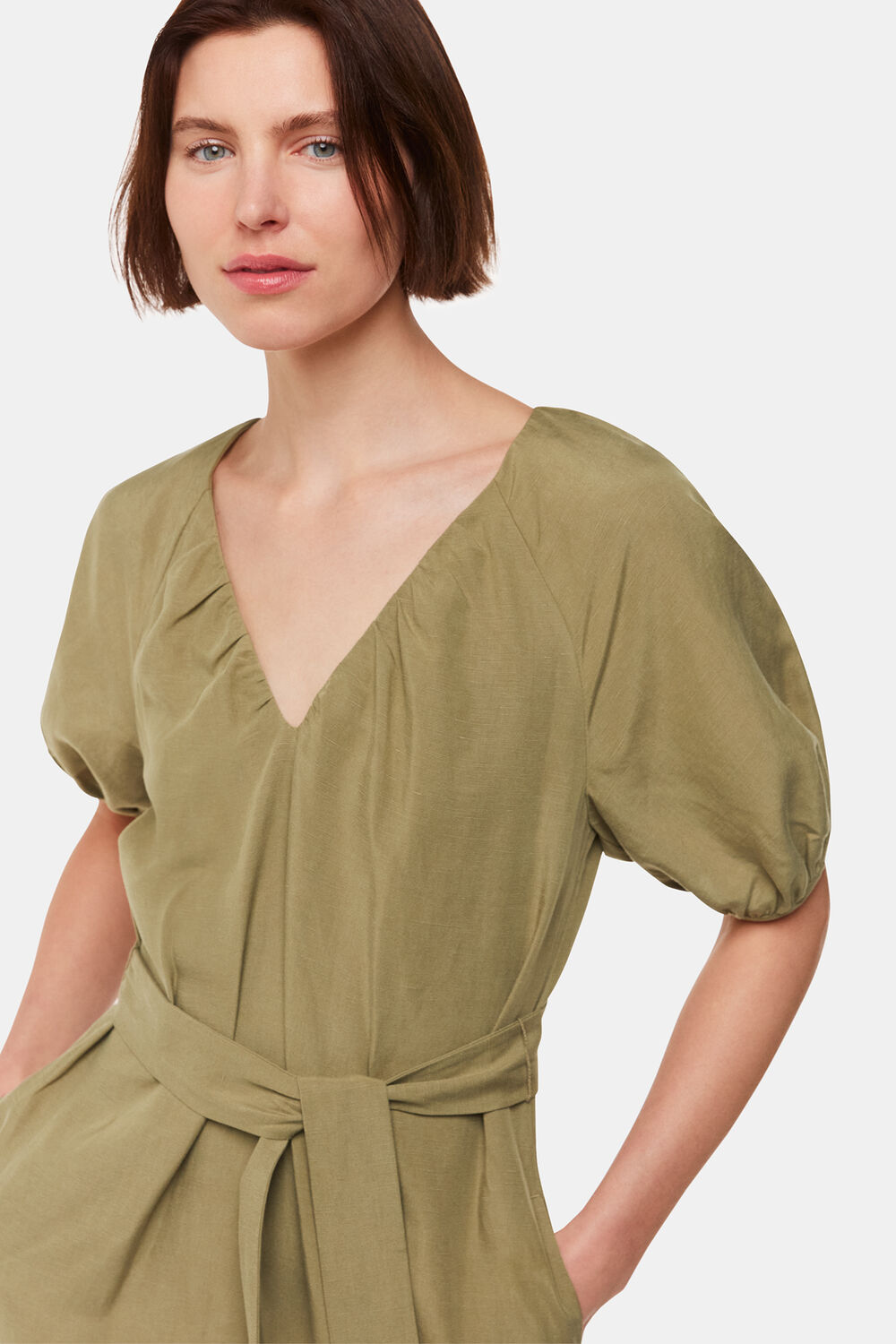 Khaki Ariella Linen Blend Midi Dress