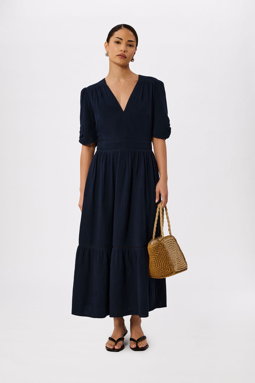 Navy Petite V Neck Textured Midi Dress