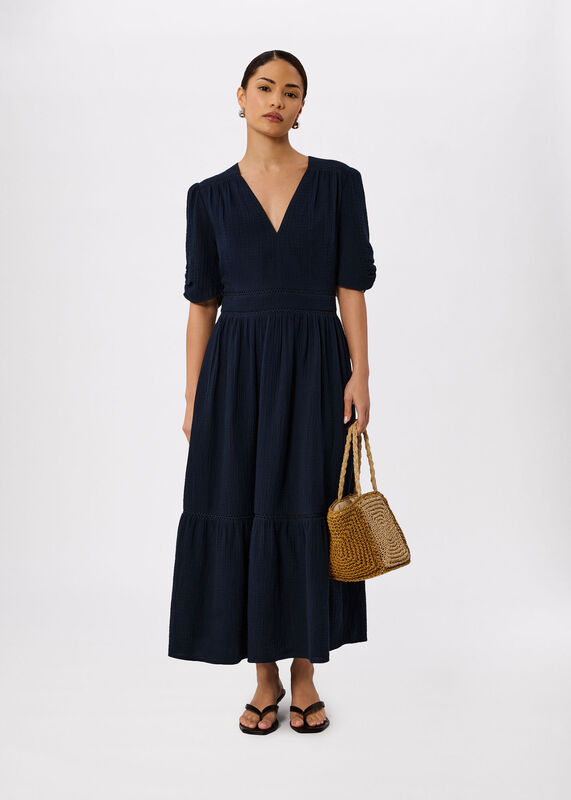 Navy Petite V Neck Textured Midi Dress