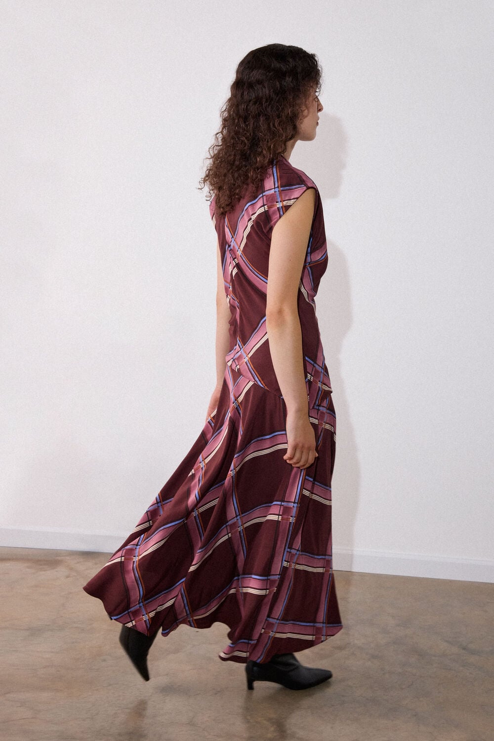 Brown Painted Check Cowl Neck Dress