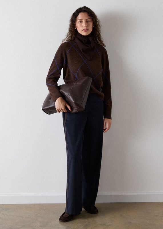 Brown Wool Contrast Diamond Knit