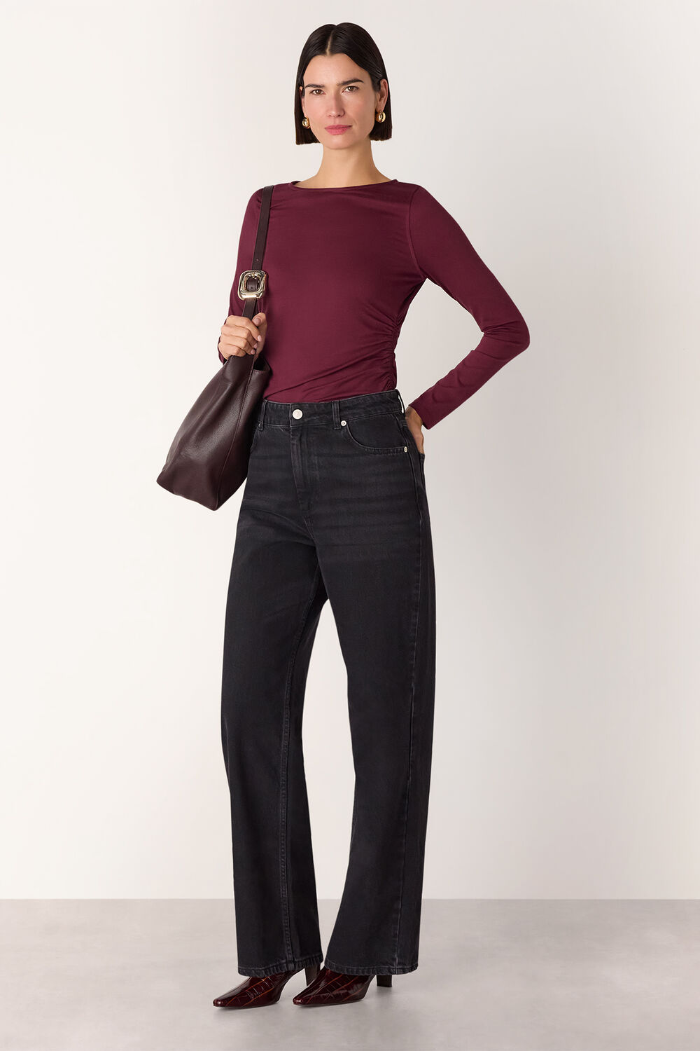 Burgundy Ruched Side Long Sleeve Top