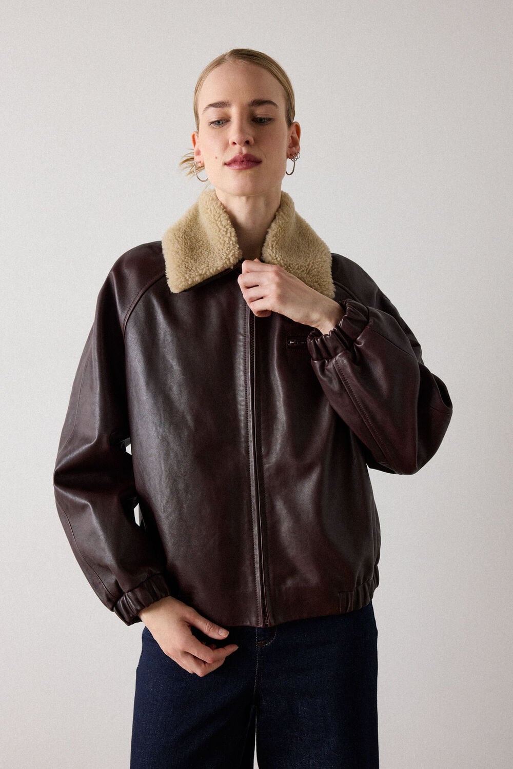 Shearling Trim Leather Bomber