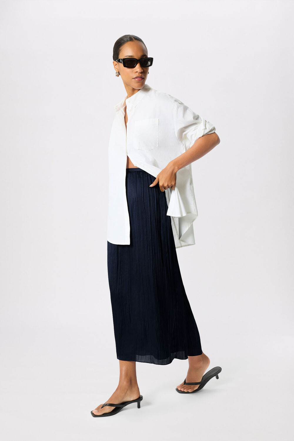 Navy Plisse Column Midi Skirt