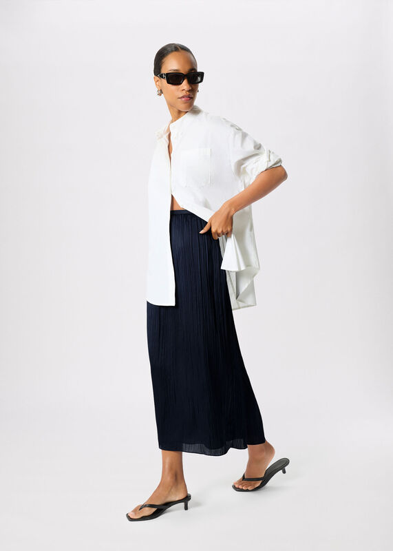 Navy Plisse Column Midi Skirt