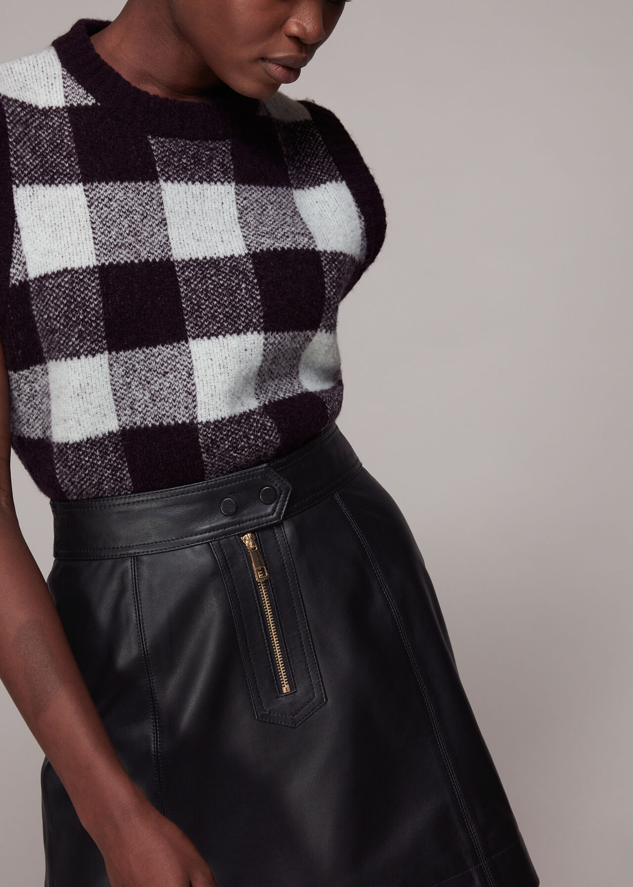 Zip Front Detail Leather Skirt