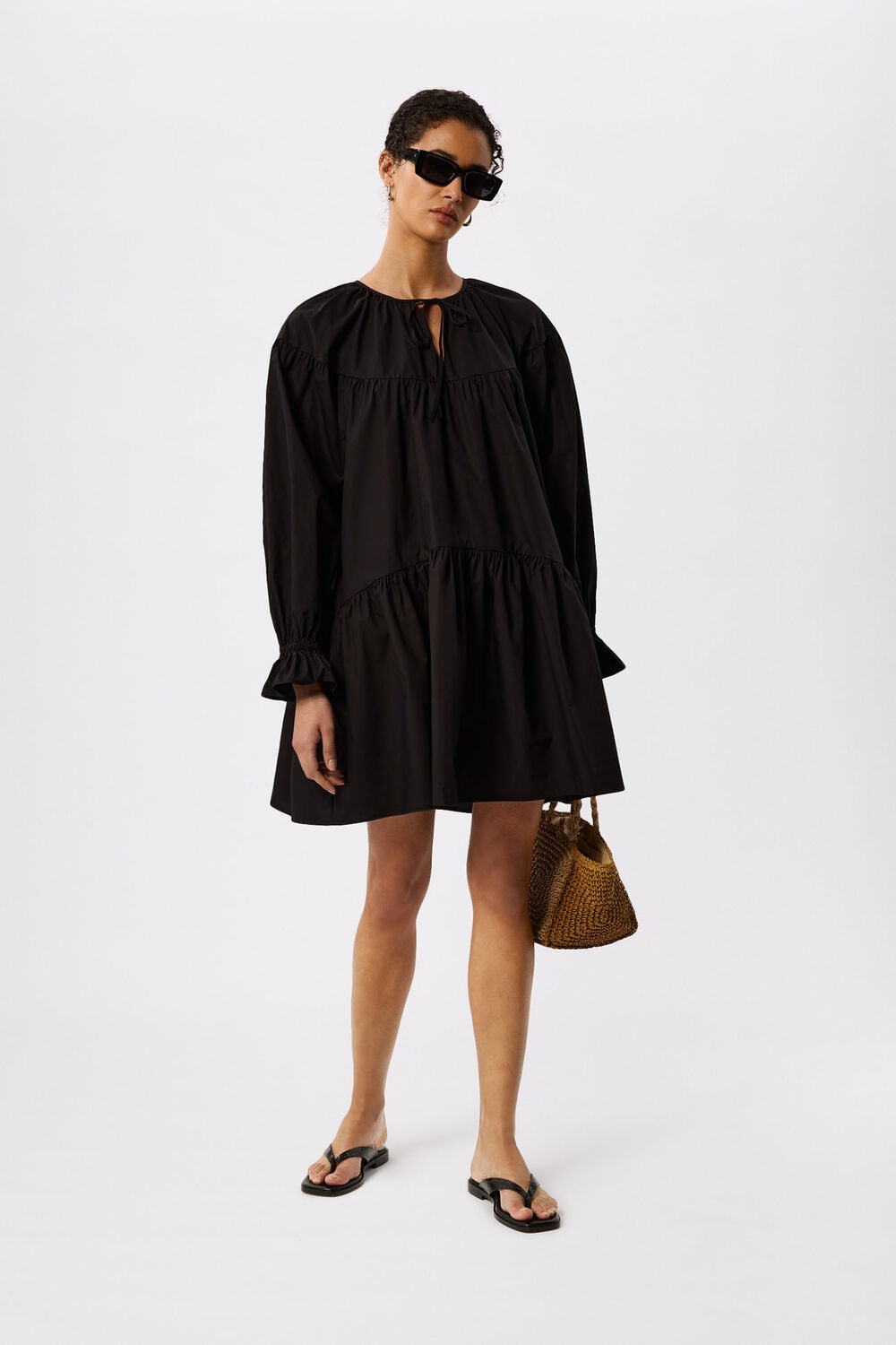 Black Cotton Tiered Mini Dress