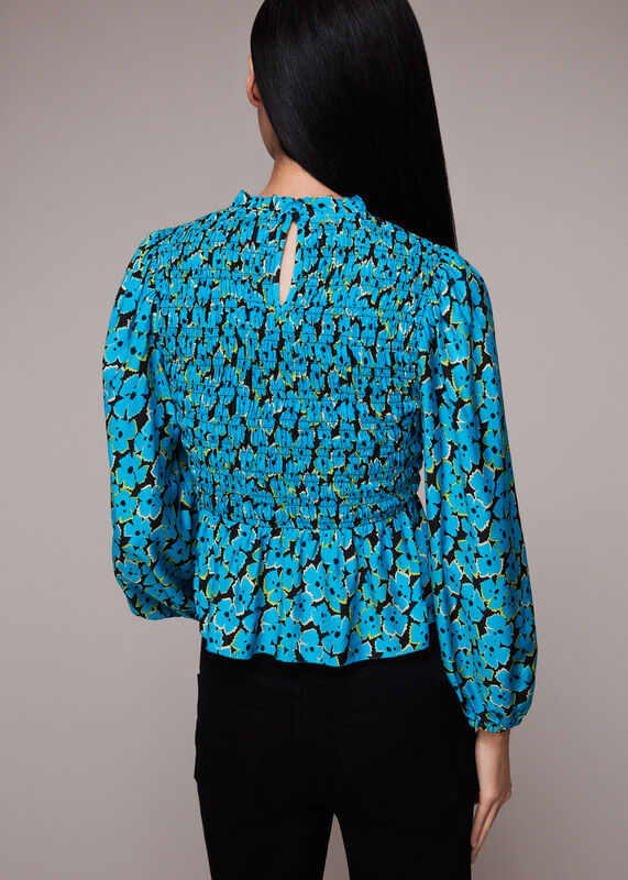 Blue Farfalle Flower Shirred Top