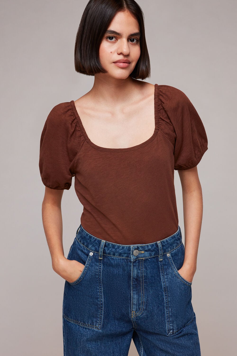 Brown Square Neck Puff Sleeve Top
