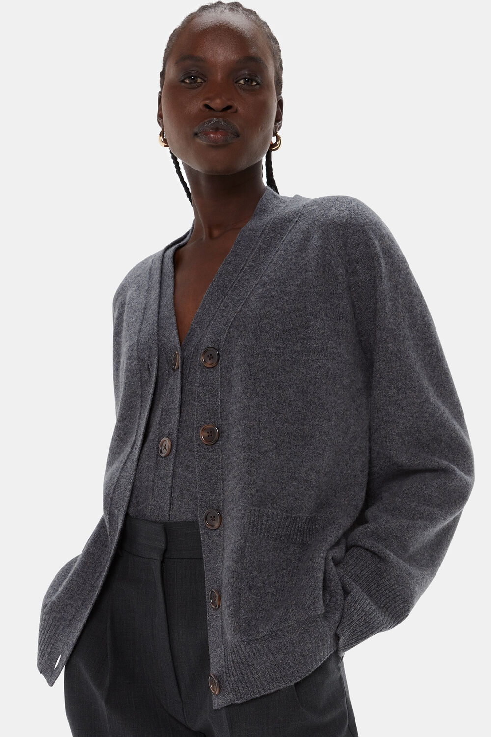 Dark Grey Wool Relaxed Pocket Cardigan