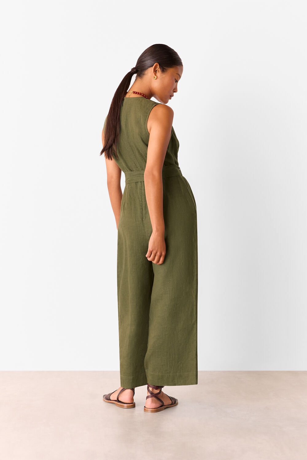 Khaki Petite Belted Seamed Linen Jumpsuit