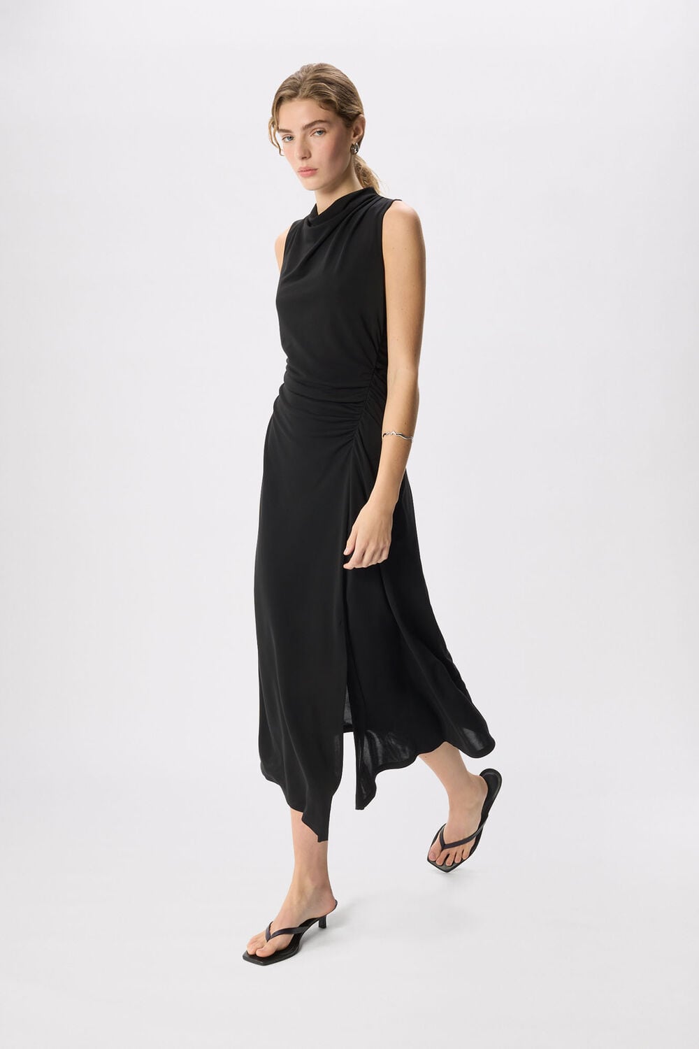 Black Ruched Cowl Neck Jersey Dress