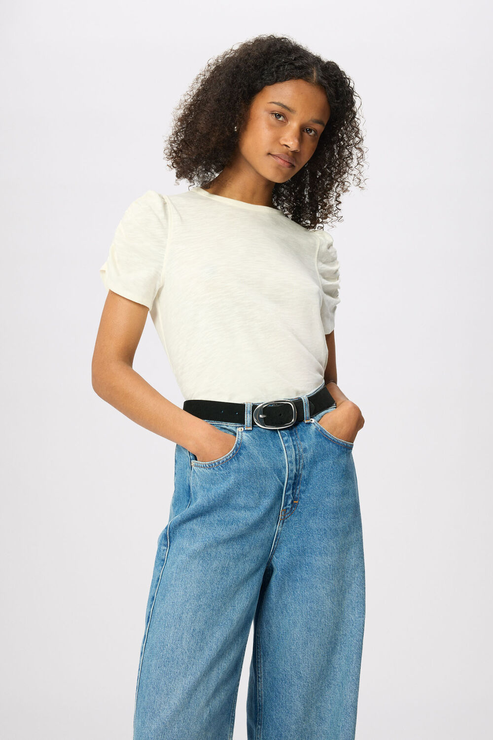 Ivory Round Neck Gathered Sleeve Tee