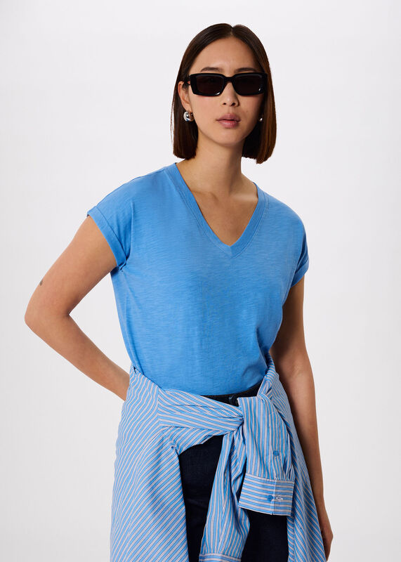 Blue Willa V-Neck Cap Sleeve Tee