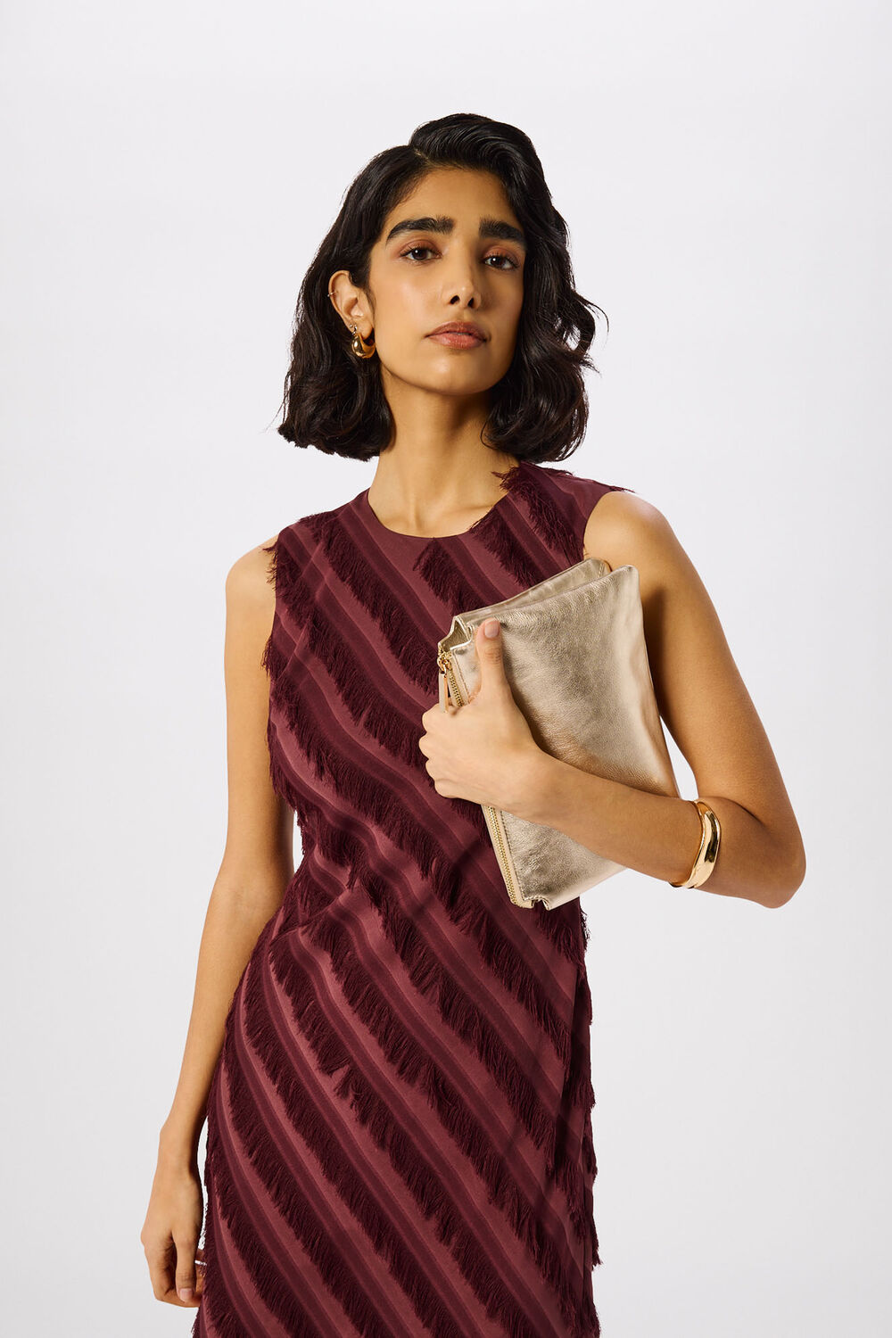 Brown Diagonal Fringe Textured Dress
