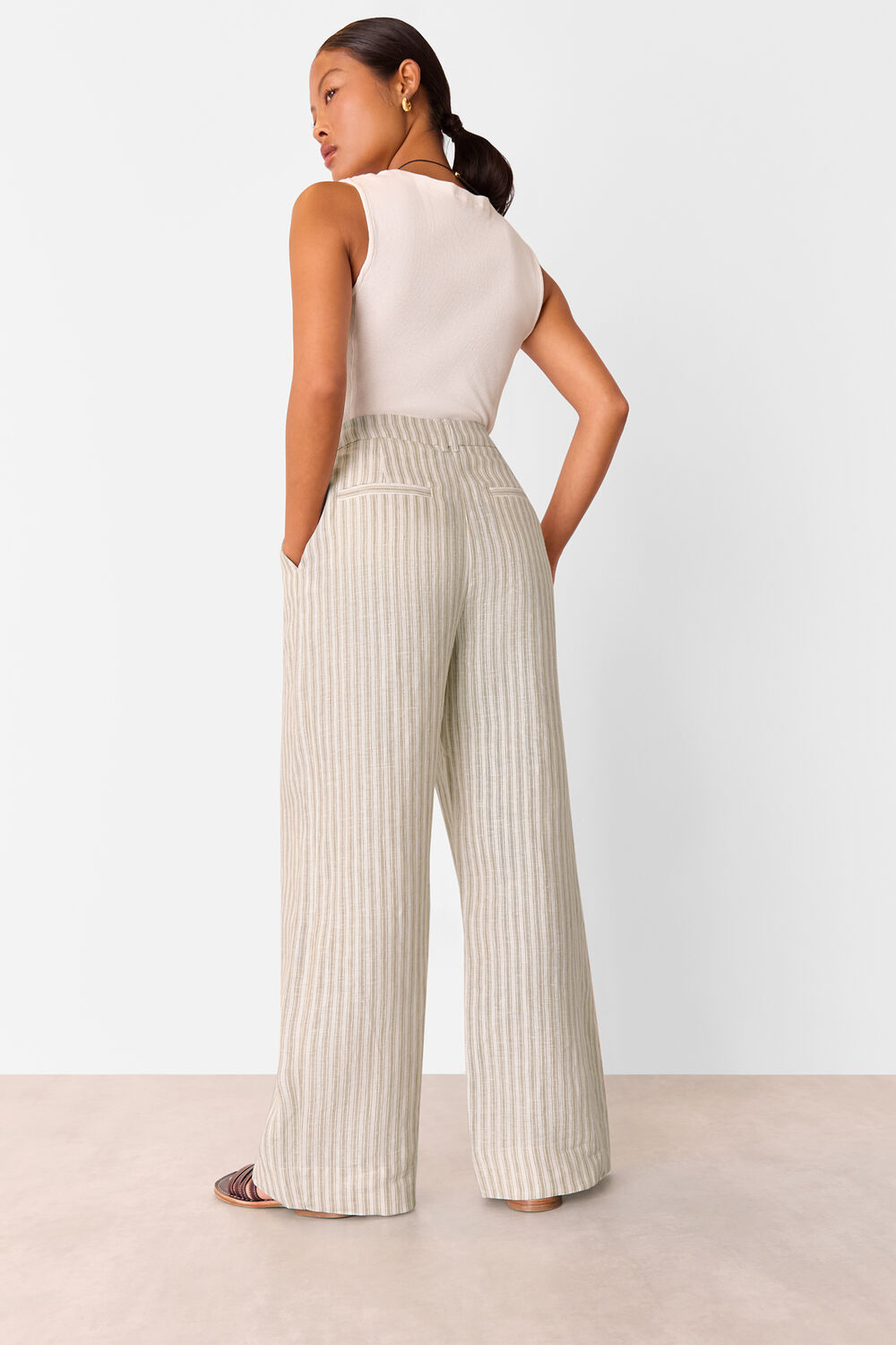 Neutral Petite Linen Stripe Trouser