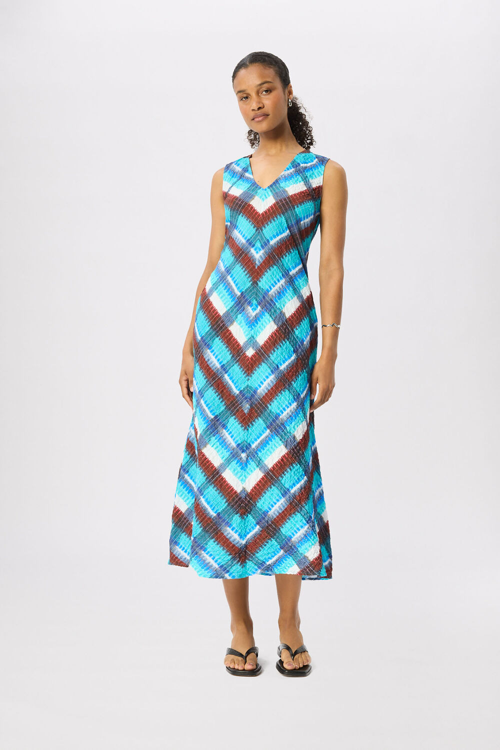 Blue Checked V Neck Textured Dress