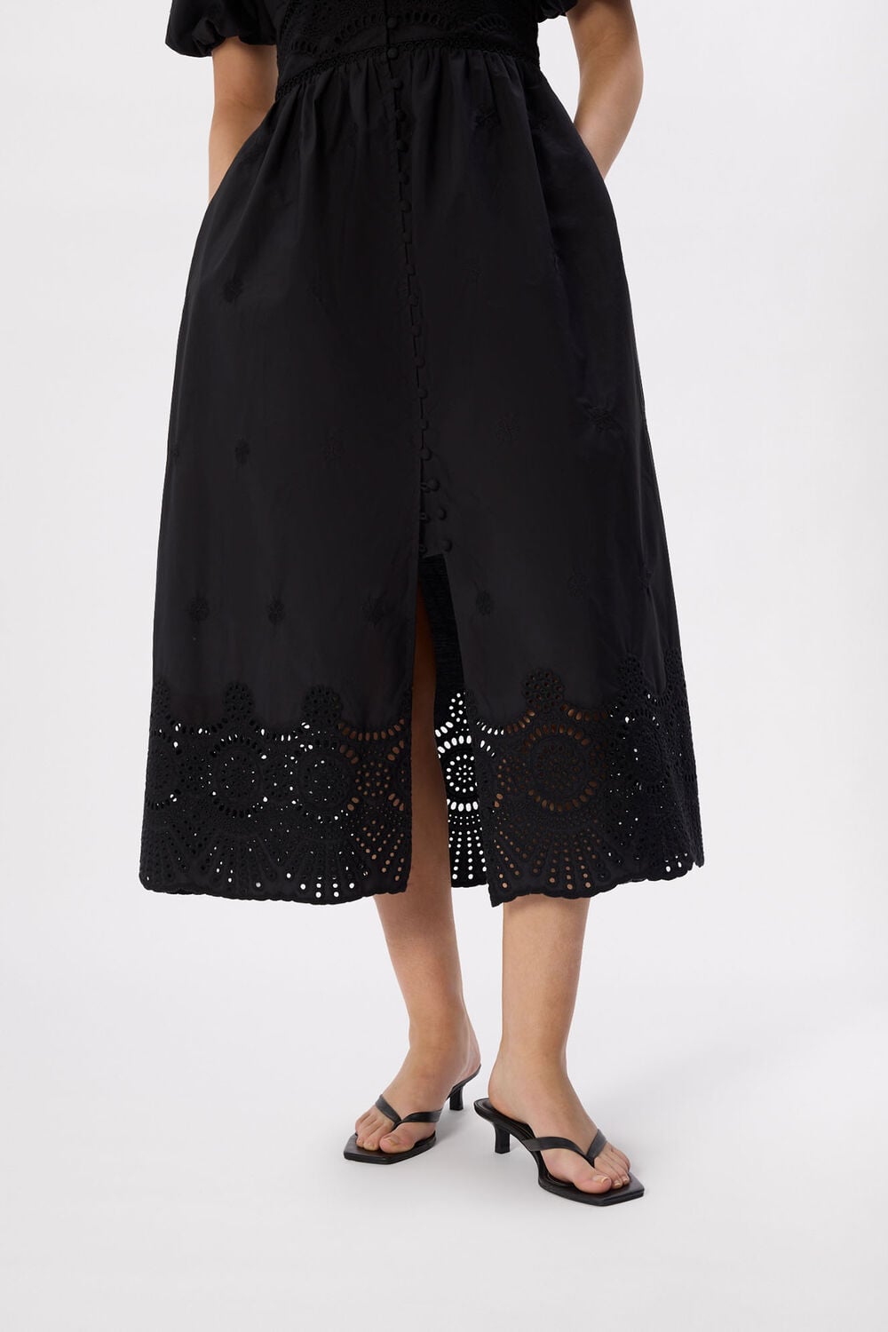Black Cotton Broderie V Neck Dress