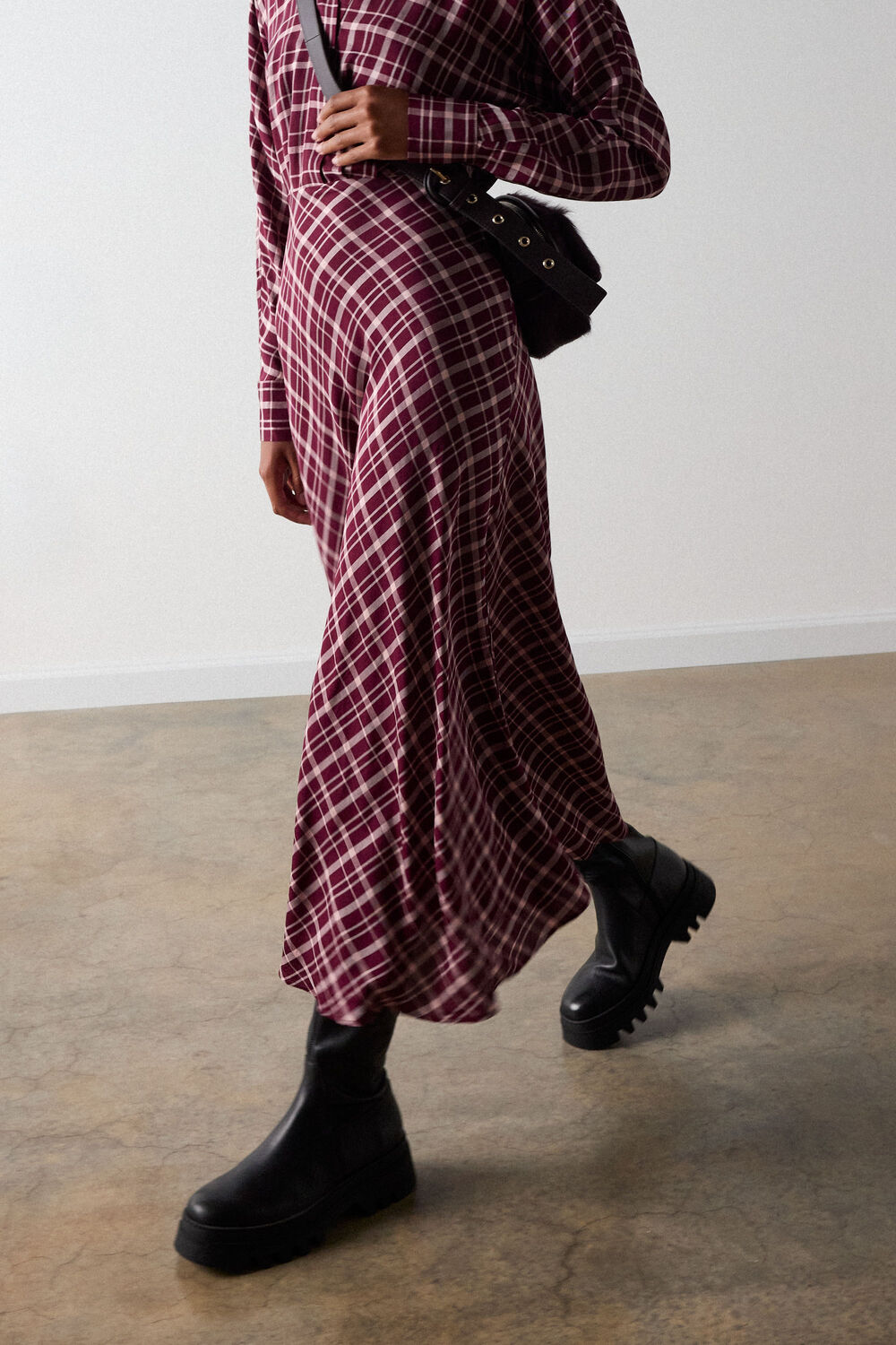 Burgundy Check Midi Shirt Dress