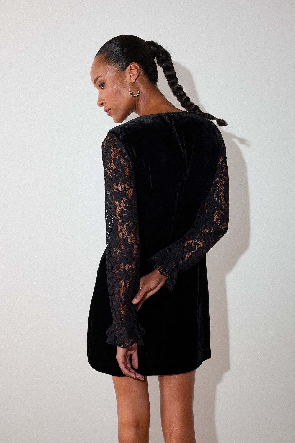 Black Lace Sleeve Velvet Mini Dress