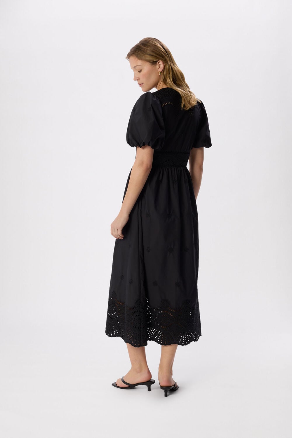 Black Cotton Broderie V Neck Dress