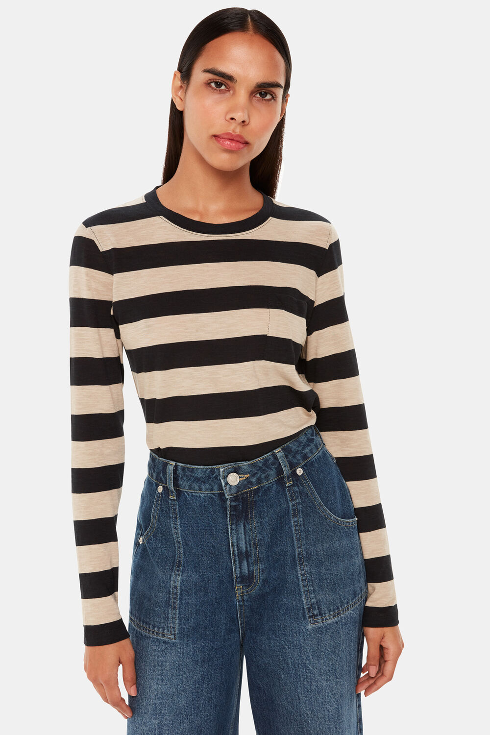 Black Crew Neck Stripe Pocket Top