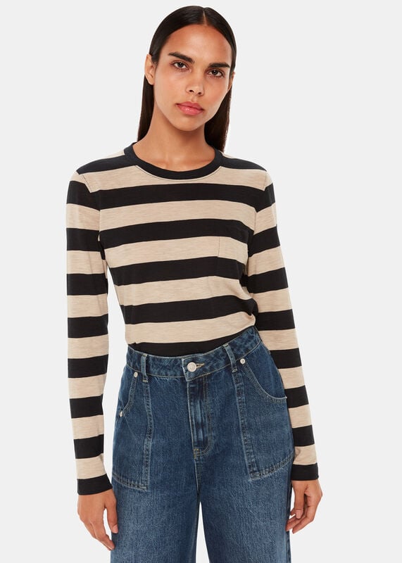 Black Stripe Crew Neck Pocket Top