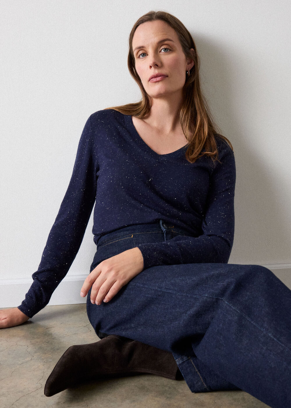 Navy Annie Sparkle V Neck Knit