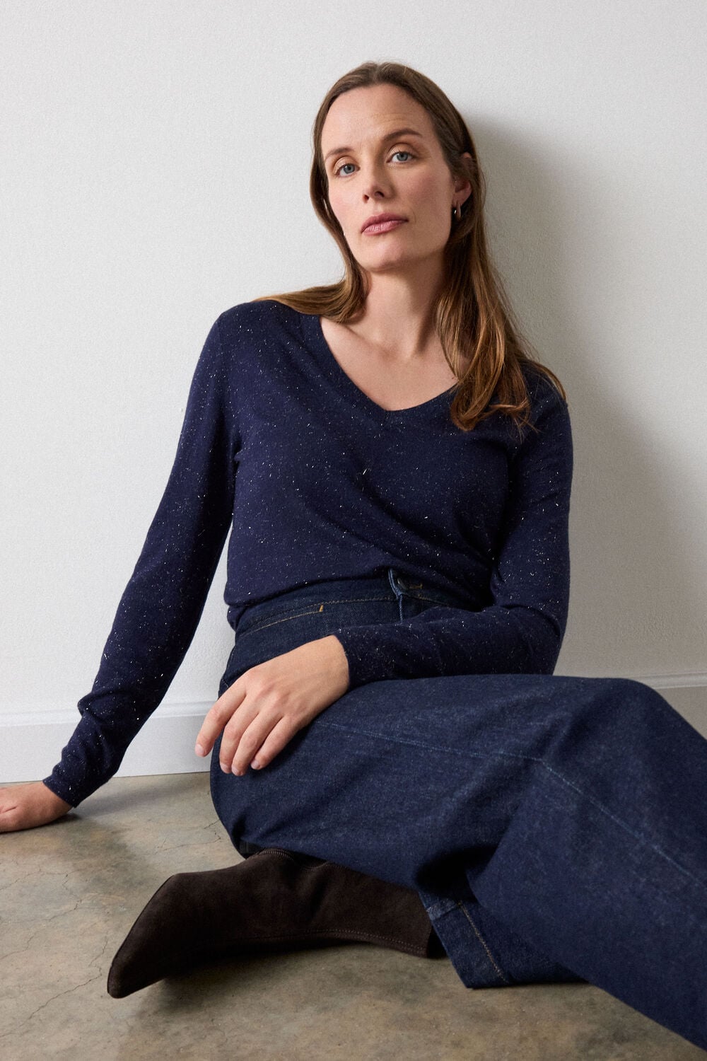 Navy Annie Sparkle V Neck Knit