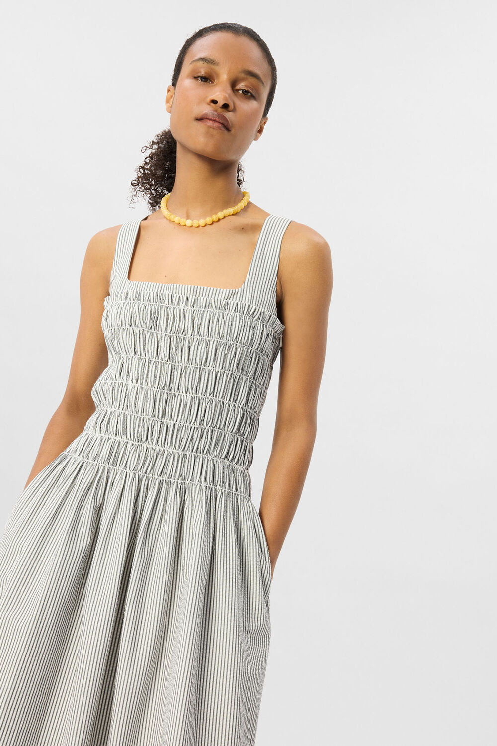 White Seersucker Ruched Bodice Dress
