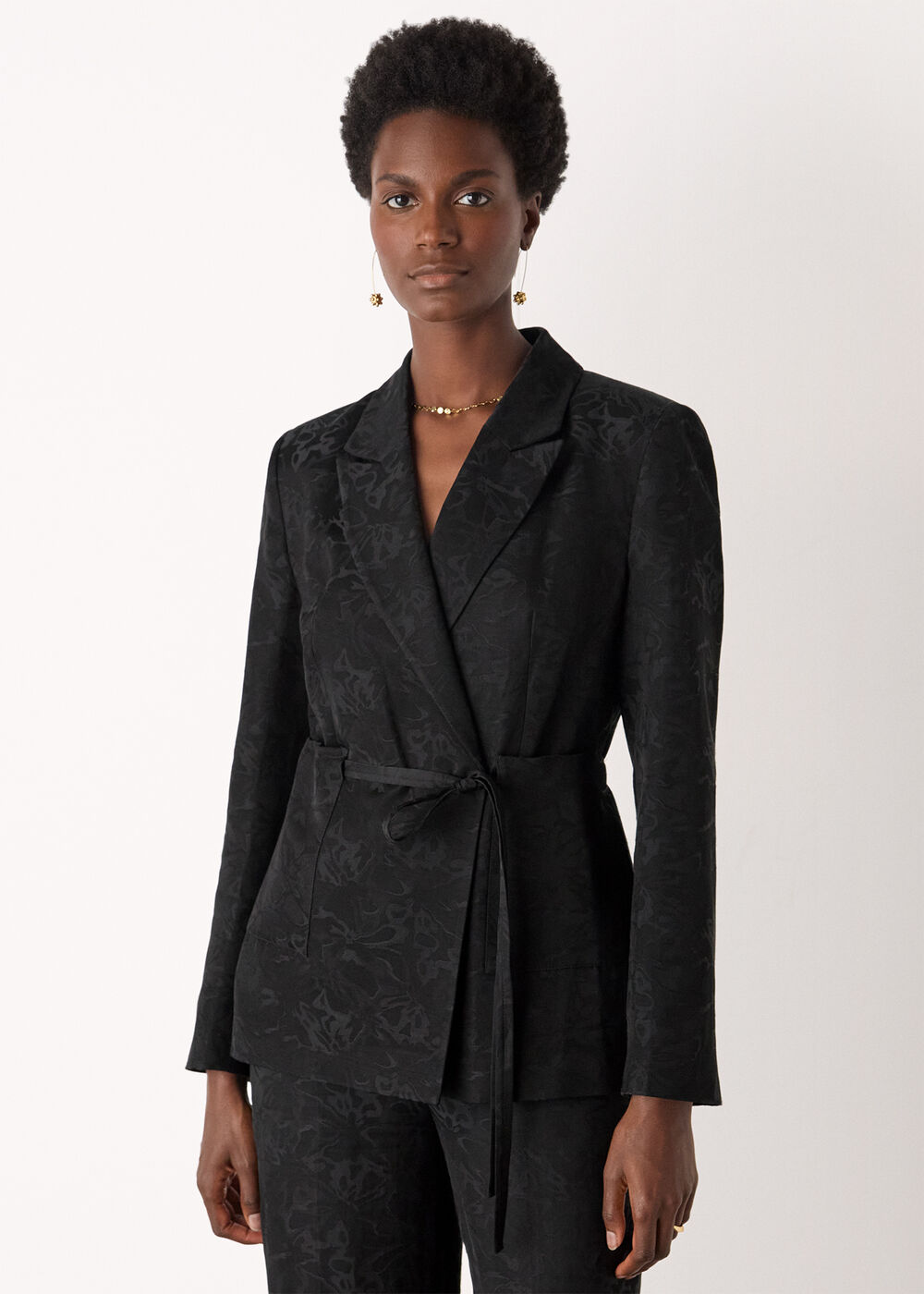 Jacquard Tie Waist Blazer