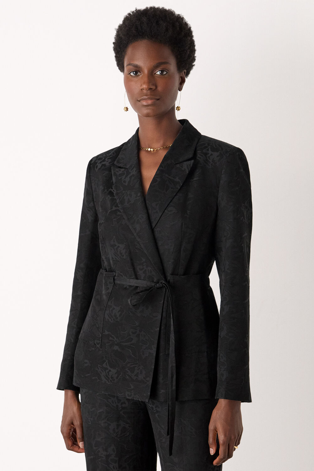 Black Jacquard Tie Waist Blazer
