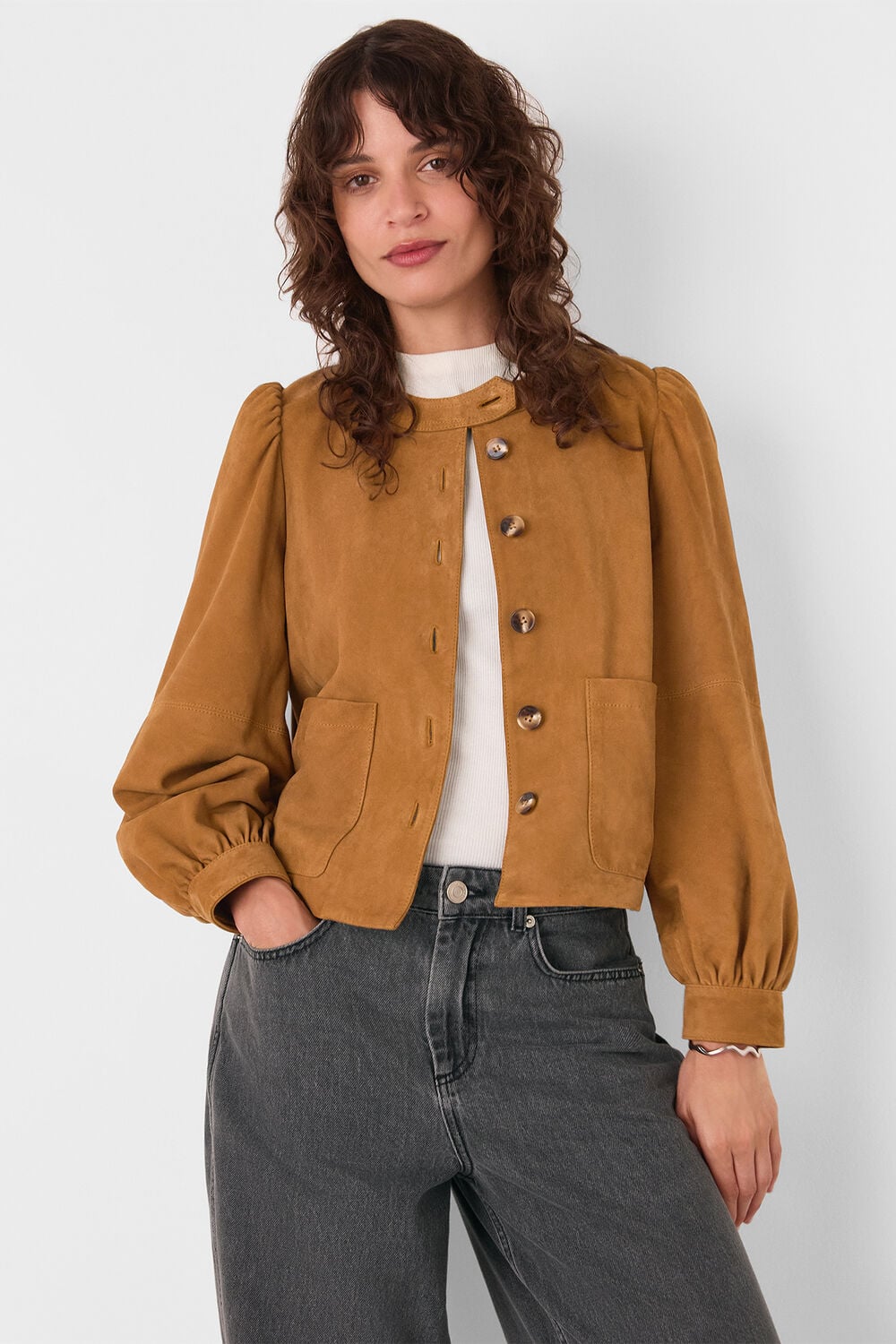 Camel Button Front Suede Jacket