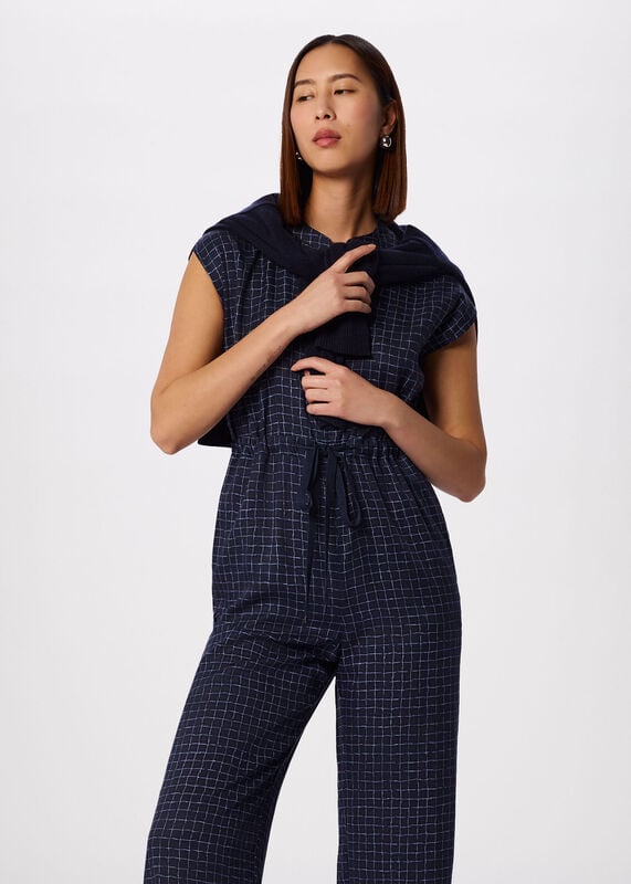 Blue Grid Print Sleeveless Jumpsuit