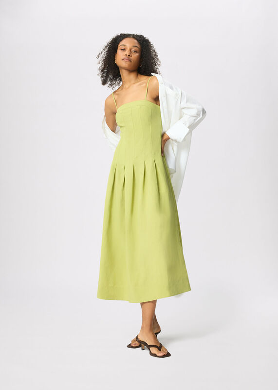 Green Linen Blend Waisted Midi Dress