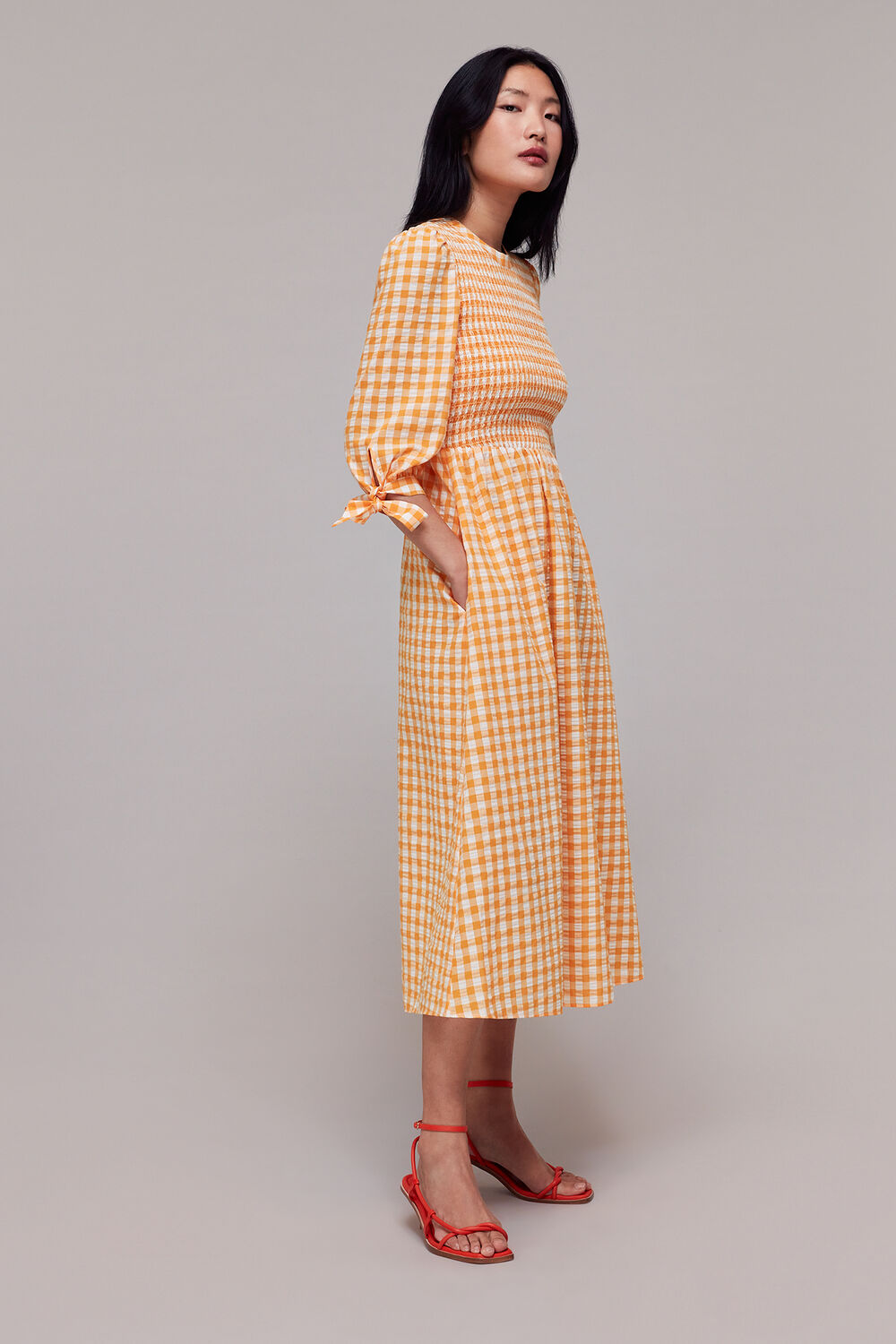Orange Gingham Check Shirred Dress