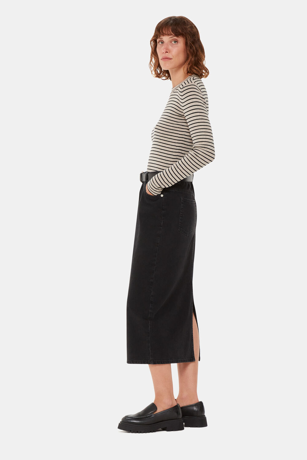 Black Fine Crew Neck Stripe Sweater