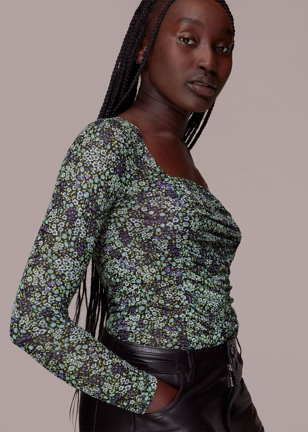 Green Mesh Square Neck Gathered Top