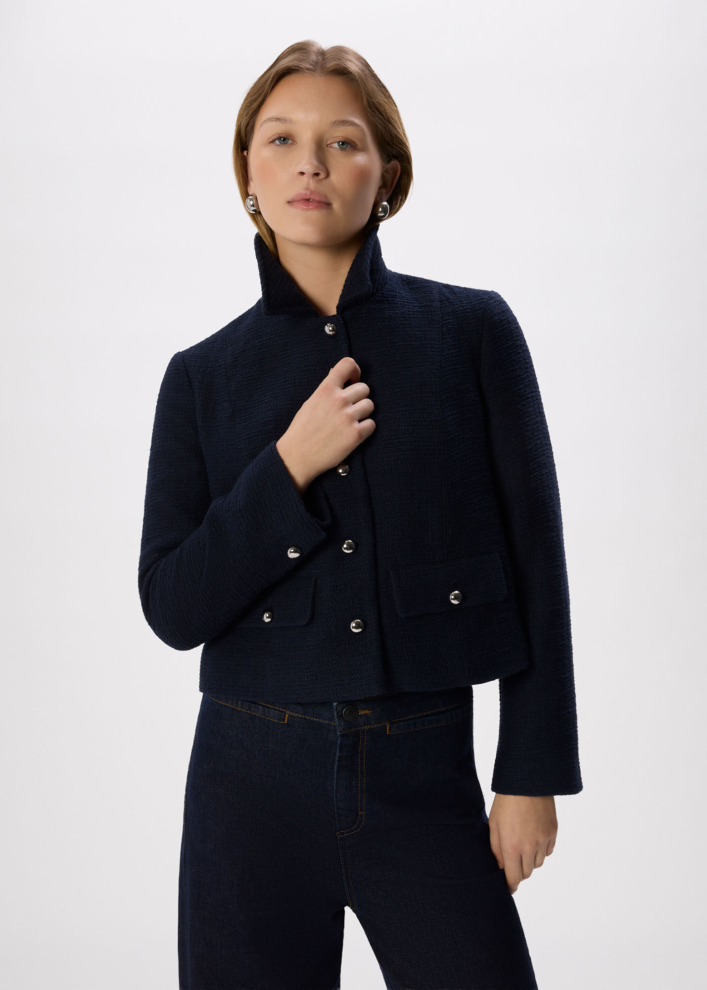 Navy Cropped Boucle Jacket | WHISTLES | Whistles US |